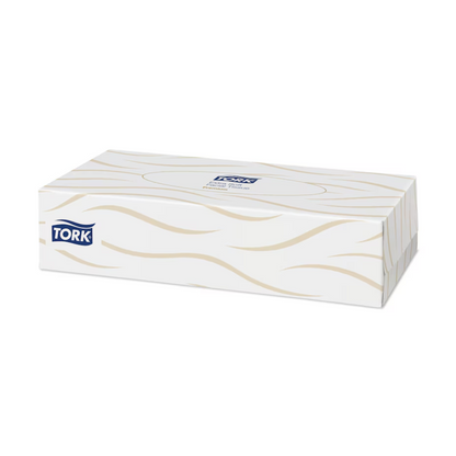 A rectangular box with Tork tissues features a stylish white-beige wave design, with the Tork logo clearly visible. These extra soft facial tissues, offered by TORK – Essity Professional Hygiene Germany GmbH as part of the Tork 140280 collection, combine absorbency with elegance.