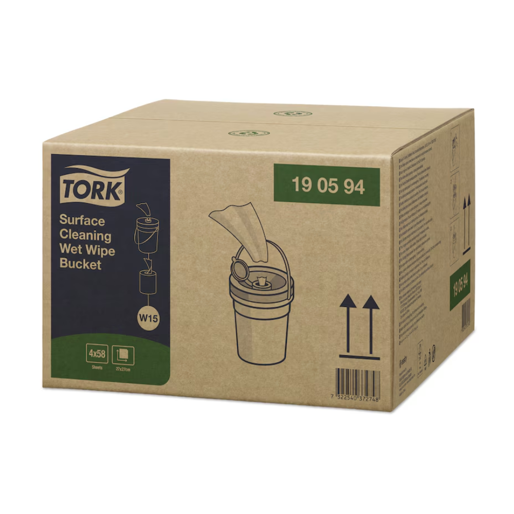 A box of Tork 190594 wet surface cleaning wipes Premium W15 1-ply from TORK – Essity Professional Hygiene Germany GmbH shows an image of a bucket with wet wipes on the side. The packaging is labeled with product details and a barcode, highlighting these high-quality cleaning wipes for efficient surface cleaning.