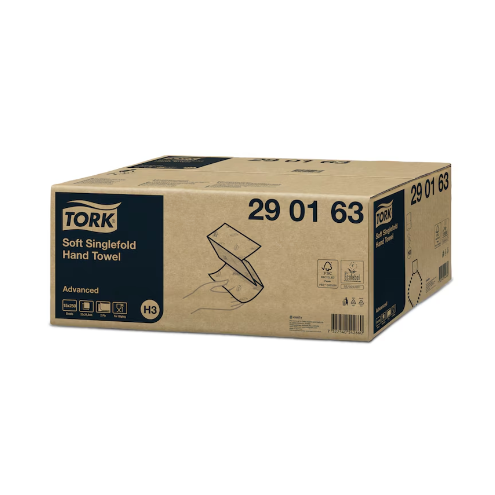 A brown box with the label “Tork Zigzag Hand Towels Advanced H3”, model number 290163, with a simple line drawing of a hand pulling out an advanced towel. The box contains symbols and product information highlighting its suitability for those seeking the convenience of TORK's zigzag towels – Essity Professional Hygiene Germany GmbH.