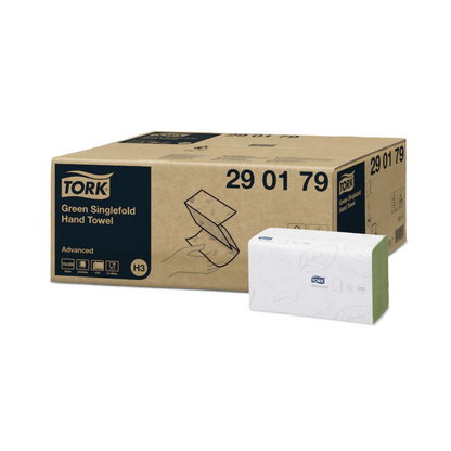 A large box with the label “Tork Zigzag Hand Towels Advanced H3” has a smaller package of two-ply towels attached to the front. The packaging clearly displays the Advanced H3 line alongside the TORK brand by Essity Professional Hygiene Germany GmbH and includes additional product details such as model number 290179 and recycling symbols.