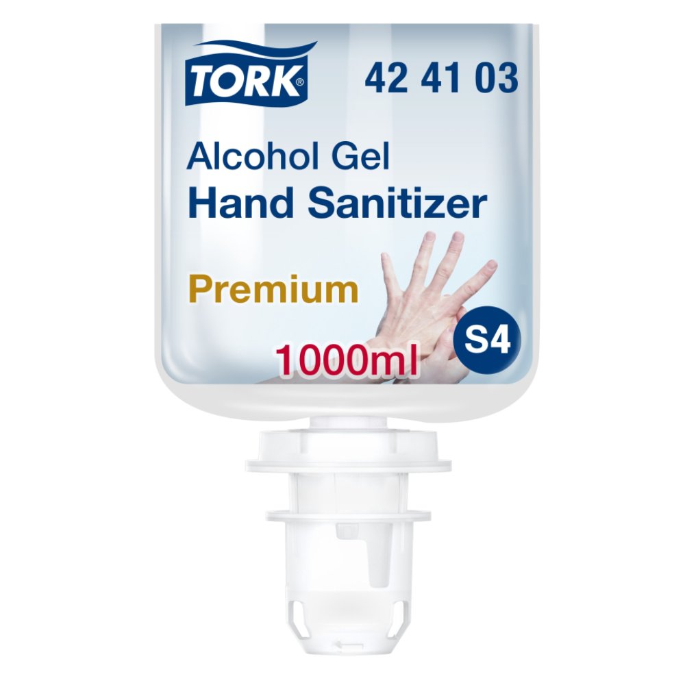 Eine 1000ml Nachfüllflasche TORK Tork 424103 Händedesinfektionsgel | Karton (6 Flaschen) mit dem Etikett, auf dem der Produktname, eine Abbildung von Händen und eine Spenderdüse am Boden zu sehen sind. Der Produktcode „42 41 03“ und „S4“ sind ebenfalls auf dem Etikett angegeben. Enthält 80% denaturierten Alkohol für eine effektive Desinfektion.