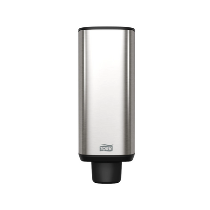 The Tork 460010 Tork dispenser for soap and hand sanitizers Image Line S4 is a soap and sanitizer dispenser made of stainless steel, designed by Essity Professional Hygiene Germany GmbH. Its sleek, modern design is characterized by a black base and a user-friendly dispenser button. The "Tork" lettering is printed at the bottom, making it suitable for both commercial and private spaces.