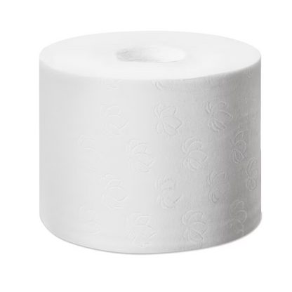 A large, cylindrical roll of Tork 472139 Optiserve extra soft Premium T7 coreless Midi toilet paper with a delicate floral embossing pattern appears unused on a white background.