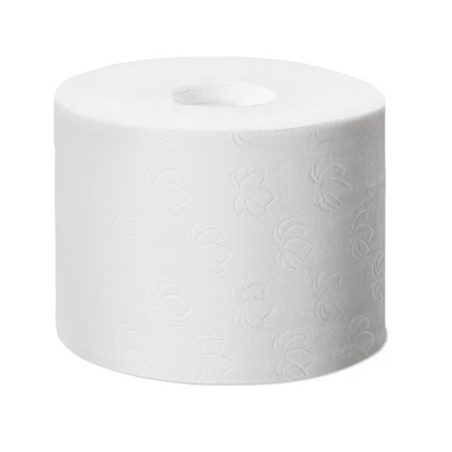 A single roll of Tork 472199 coreless midi toilet paper in Advanced White is presented against a plain white background and features a subtle floral pattern that highlights the excellent quality and eco-friendly design.