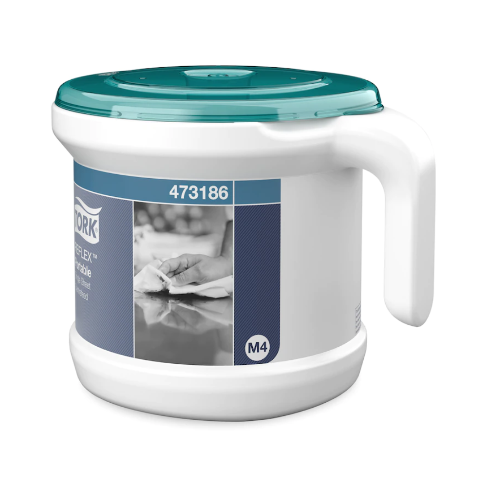 A white, cylindrical Tork 473186 Portable Reflex™ Single Sheet Centerfeed Dispenser M4, equipped with a handle and blue-green lid, is labeled with an image of hands using a cloth to prevent cross-contamination, with “Tork” clearly visible.