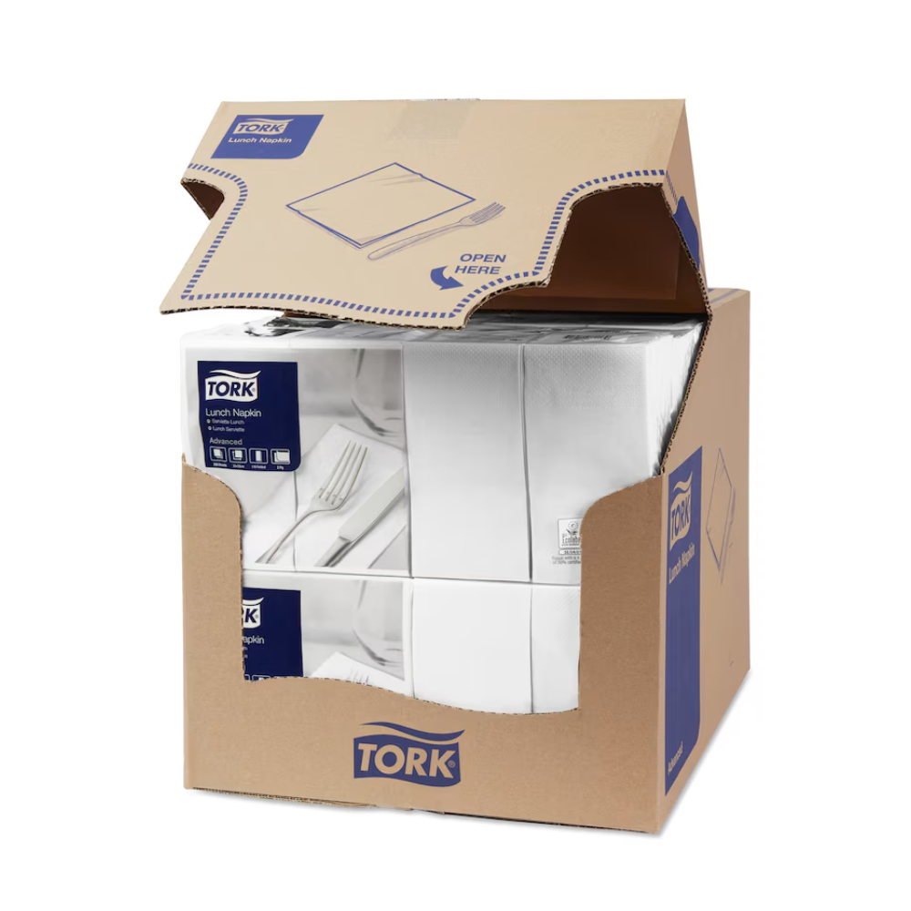 A cardboard box with the Tork logo and images of a napkin and a fork, containing Tork 477402 lunch napkins white 1/8-fold 2-ply. The partially visible industrially compostable napkins are packed in boxes of 10 pieces each.