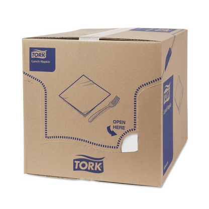 Box labeled "Tork 477402 lunch napkins white 1/8-fold 2-ply | box (10 packs)" from TORK – Essity Professional Hygiene Germany GmbH, with images of a napkin and cutlery. Perforated lines indicate where the packaging needs to be opened, which is sealed with white tape. These industrially compostable napkins offer comfort and sustainability with every use.