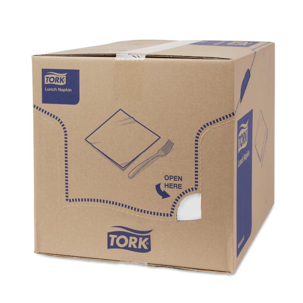 The carton of Tork 477414 Soft Lunch Napkins White Advanced 3-ply features blue text and symbols with an 'Open here' cutout next to images of a napkin and a fork. The box is sealed with white tape and prominently displays the TORK branding of Essity Professional Hygiene Germany GmbH on multiple sides. It contains industrially compostable 3-ply napkins.