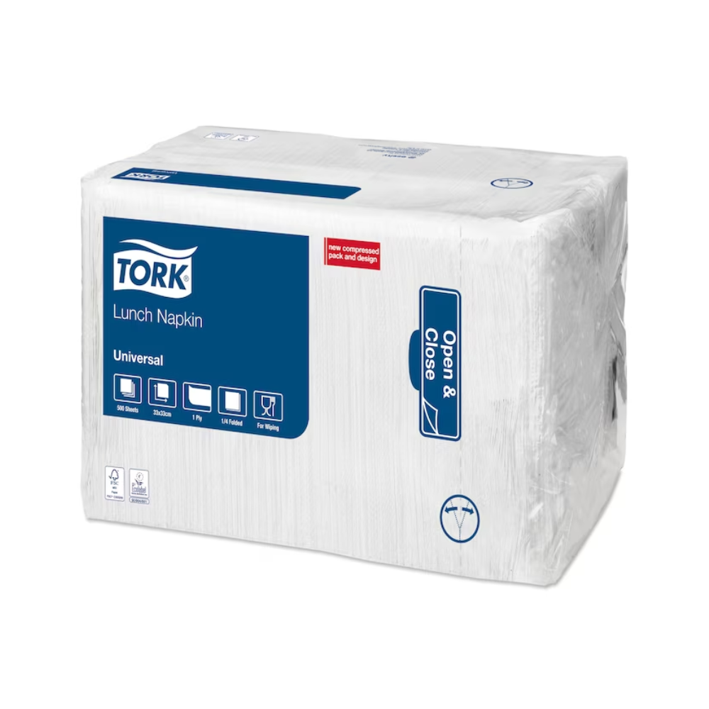 A pack of Tork 509300 Lunch Napkin White Universal Napkins from Essity Professional Hygiene Germany GmbH is designed for fast-food restaurants. The packaging features a blue label with the inscriptions "Universal", "Open & Close" and images of the napkins. This industrially compostable pack contains 150 single-ply white napkins, each measuring 12 inches square.