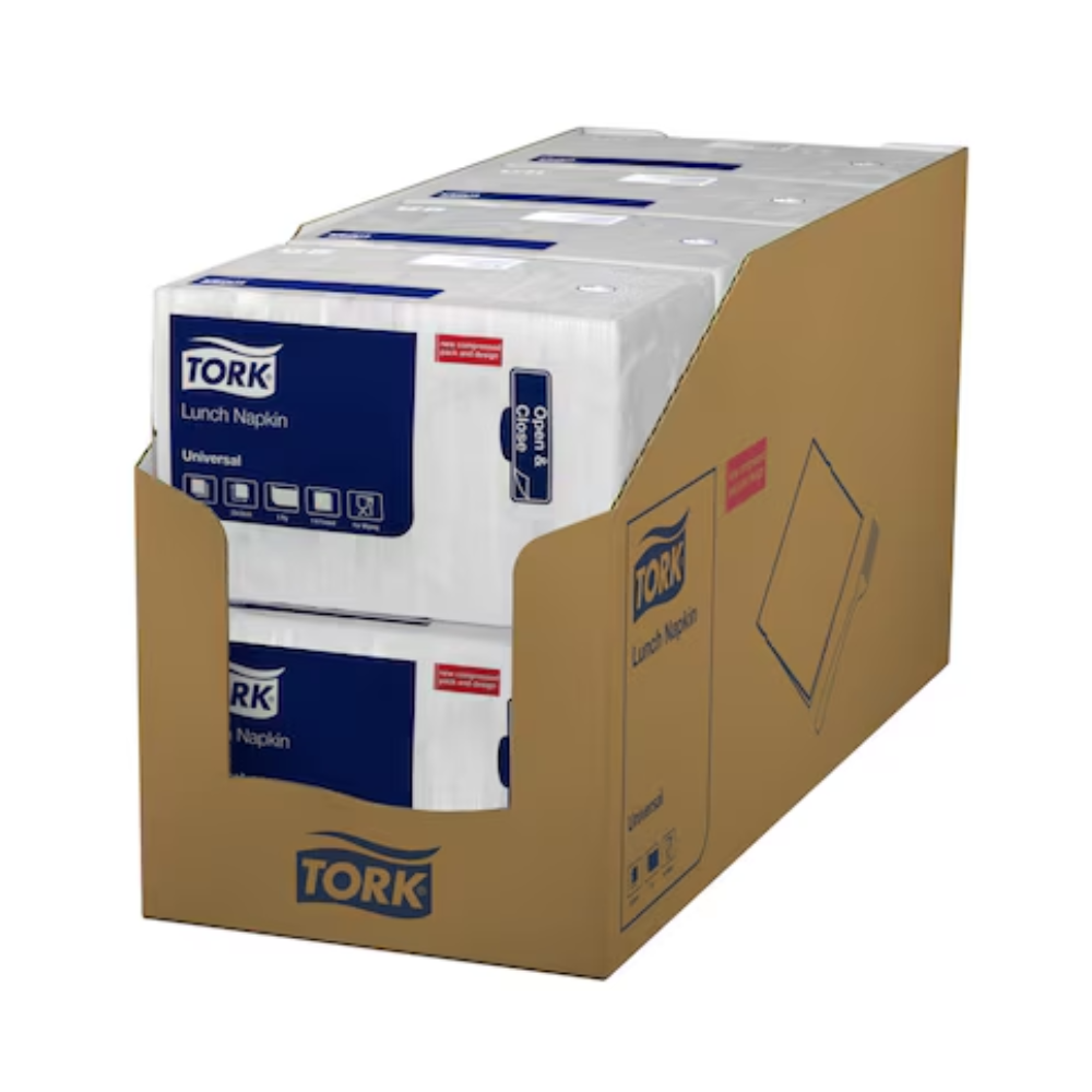A carton with multiple packs of Tork 509300 Lunch Napkin White Universal 1-ply from TORK – Essity Professional Hygiene Germany GmbH. The predominantly white packaging features blue and red accents and displays the brand name, product details, and emphasizes that the napkins are industrially compostable, making them perfect for fast-food restaurants.