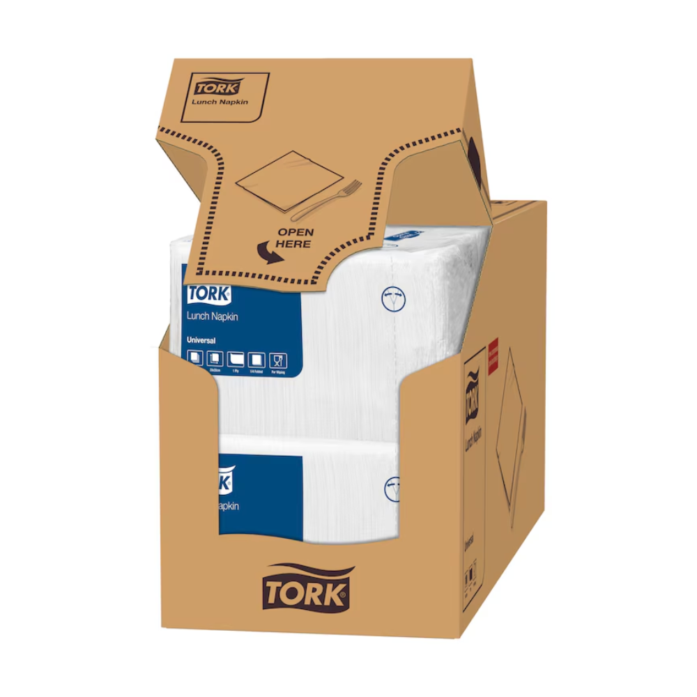 A large box of Tork 509300 Lunch Napkin White Universal 1-ply, containing eight packs, is partially open at the top, revealing sealed packs of white napkins. The box is perfect for fast-food restaurants and clearly displays the TORK brand from Essity Professional Hygiene Germany GmbH as well as product information highlighting their industrial compostability.