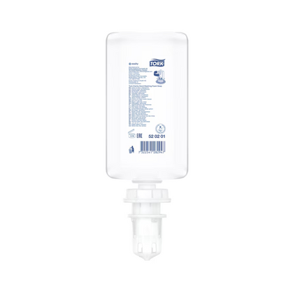 A refill bottle of Tork 520201 Pure Hand Foam Soap Premium S4 (1000 ml) from TORK – Essity is pictured upside down on a white background, with a visible barcode and a label emphasizing hand hygiene and natural ingredients.