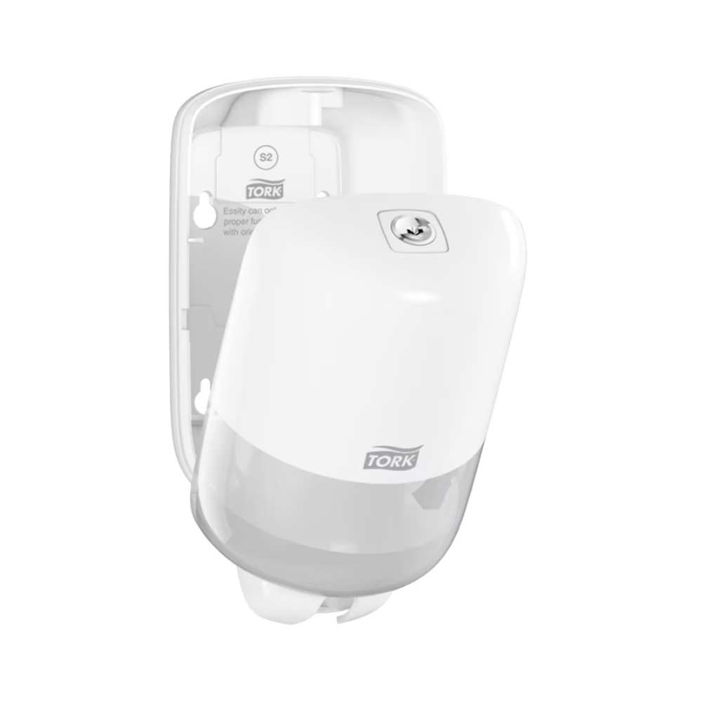 The Tork 561000 Mini Dispenser for Liquid Soap Elevation S2 from TORK - Essity Professional Hygiene Germany GmbH is an elegant white wall-mounted dispenser with an open front cover in the stylish Elevation design. It features a lock and a logo on the front, making it perfect for efficiently storing and dispensing liquid soap hygiene products.
