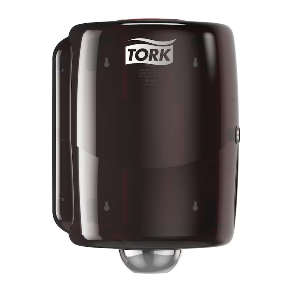 The Tork 653008 Maxi Centerfeed Dispenser Performance W2 from Essity Professional Hygiene Germany GmbH impresses with a sleek, rounded design featuring a splash-proof cover. The prominent Tork logo on the top emphasizes its performance design.