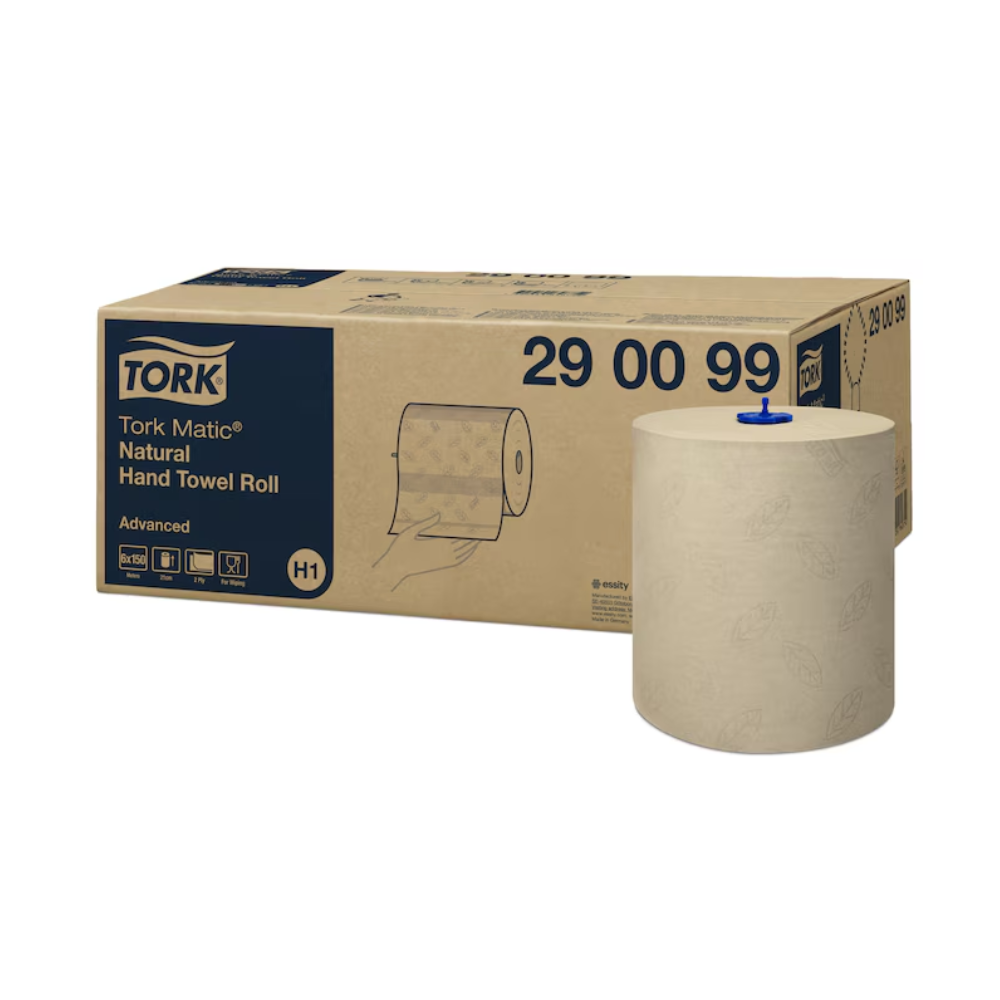 A box labeled "Tork Matic® Roll Towel Advanced H1 2-ply" from TORK – Essity Professional Hygiene Germany GmbH stands next to a single beige towel roll designed for efficient hand drying. The box highlights the Advanced System H1 and contains the model number 29 00 99 as well as detailed illustrations and specifications.