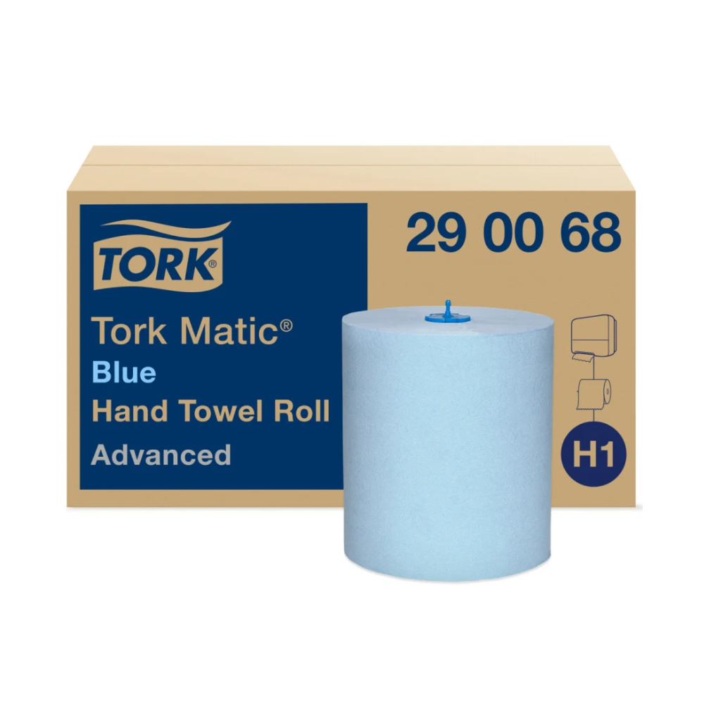 A box labeled "Tork Matic® Roll Towel Advanced H1 2-ply, various colors" from the brand TORK – Essity Professional Hygiene Germany GmbH, with the code number 290068 and "Advanced System H1". In front of it is a large roll of blue towel paper designed for efficient hand drying and featuring a distinctive blue plastic core.