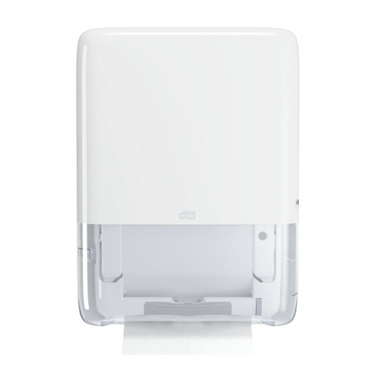 The Tork PeakServe® 552550 Mini Continuous Hand Towel Dispenser H5, manufactured by TORK – Essity Professional Hygiene Germany GmbH, is a white wall unit with a transparent lower part that holds a single sheet of paper towel. Its sleek and modern design makes it ideal for high-traffic washrooms.