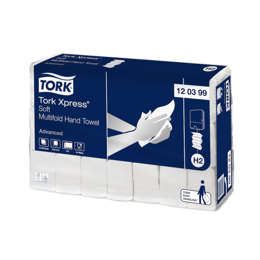 Package with Tork Xpress® 120399 Soft Multifold Hand Towel, highlighted in blue-white packaging with an image of hands and a towel dispenser. It is labeled "Advanced H2" and contains 21 packs made from recycled fibers.