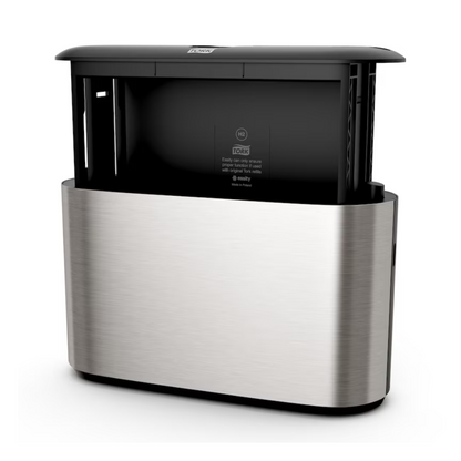 We present the Tork Xpress® 460005 table dispenser, a stylish automatic stainless steel dispenser with a modern design, ideal for multifold towels. This product from TORK – Essity Professional Hygiene Germany GmbH features a black top with a visible sensor in the middle and side openings for easy towel dispensing.