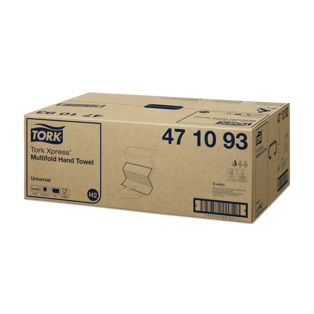 Léirítear bosca le Tork Xpress® 471093 Tuáillí Ilfhillteacha Uilíocha H2 1-chiseal ó TORK – Essity Professional Hygiene Germany GmbH. Tá an bosca lipéadaithe le faisnéis táirge amhail an uimhir earra agus tá íomhánna agus siombailí de Universal H2 chomh maith le barrachód ar an taobh air.