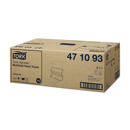 Léirítear bosca le Tork Xpress® 471093 Tuáillí Ilfhillteacha Uilíocha H2 1-chiseal ó TORK – Essity Professional Hygiene Germany GmbH. Tá an bosca lipéadaithe le faisnéis táirge amhail an uimhir earra agus tá íomhánna agus siombailí de Universal H2 chomh maith le barrachód ar an taobh air.