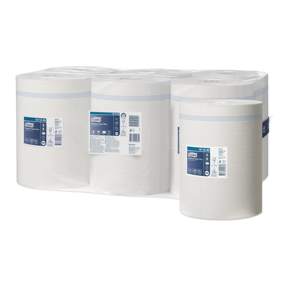 Displayed is a pack of six Tork Xpress® Strong Multipurpose Paper Wipers Advanced 2-ply rolls, each with a blue and white label with product details. Packaged in transparent plastic wrapping, these paper towels from TORK – Essity Professional Hygiene Germany GmbH offer advanced 2-ply technology for superior absorbency.