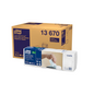 A Tork Xpressnap® 13670 dispenser napkin box with an extra soft leaf design from the brand TORK by Essity Professional Hygiene Germany GmbH is shown next to a package, where a hand pulls a napkin from the dispenser.