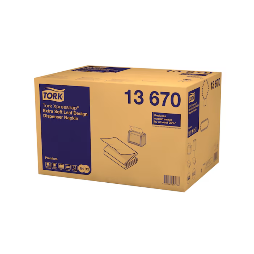A cardboard box with Tork Xpressnap® 13670 Extra Soft leaf design white dispenser napkins from TORK - Essity Professional Hygiene Germany GmbH. The box contains illustrations demonstrating the high-quality, two-ply napkins and their practical dispenser use.