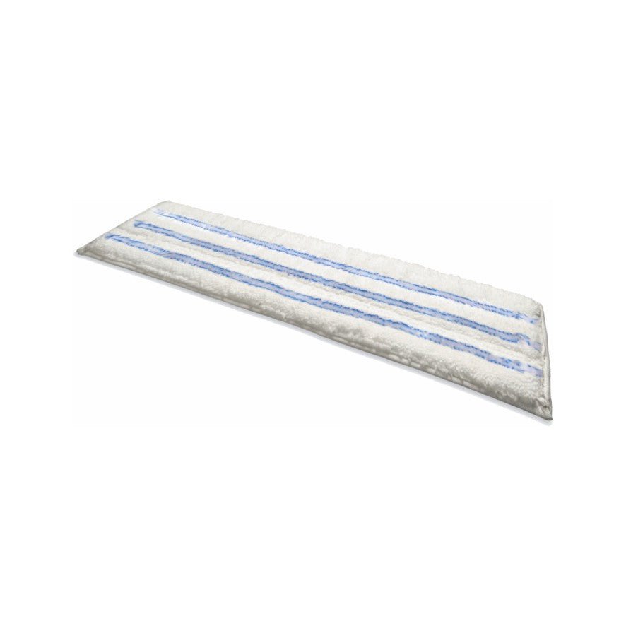 An Arcora ultra soft hook-and-loop mop cover 40 cm nan from Arcora International GmbH, rectangular and white with two horizontal blue stripes and light gray edges, stands on a white background.