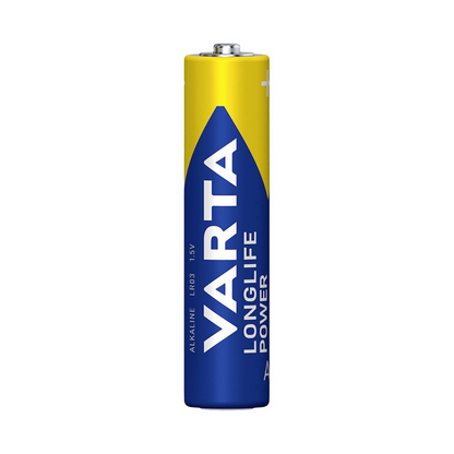 A single Varta Longlife Power Micro AAA battery. The battery is predominantly blue with a large blue triangle and yellow accents, as well as the brand logo and type details of Varta AG.