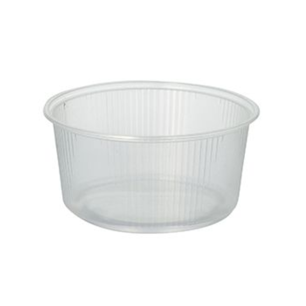 A clear, round transparent 250 ml plastic container from Starpak with vertical ribs on the sides and a wide open top, in front of a white background.