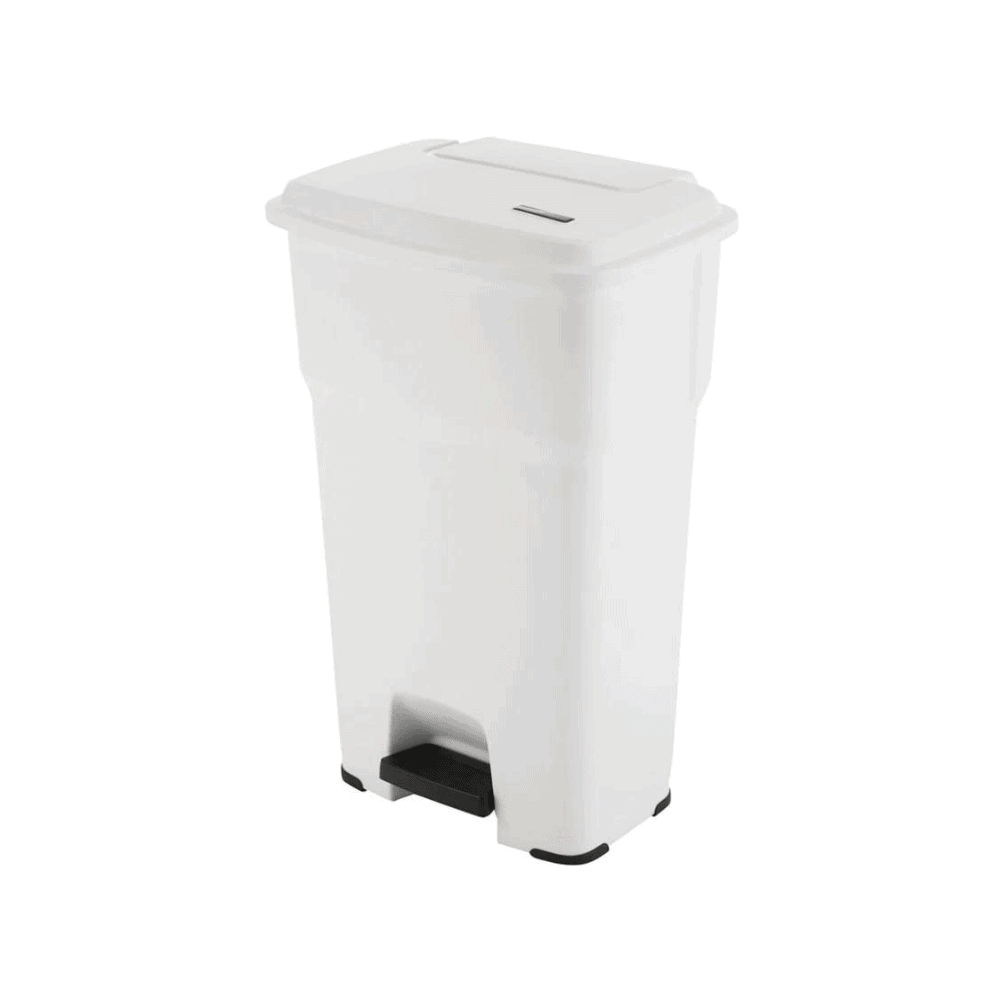 We present the Vileda Professional Hera waste bin with pedal white by Vileda GmbH - a white, rectangular plastic trash can with foot pedal for hands-free operation. Its design includes an integrated trash bag holder, enhancing its functionality and making it ideal for use at home and in the office.