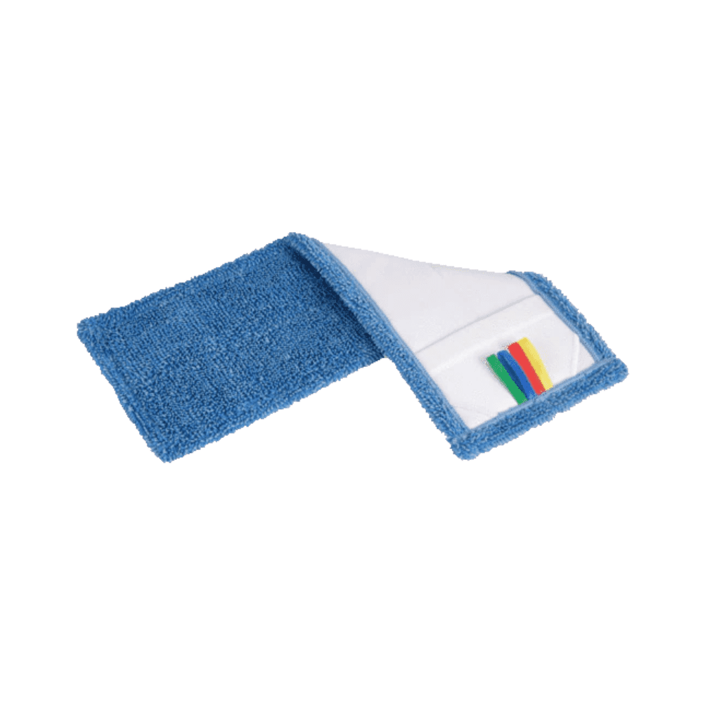 A Vileda Base Loop Mop cover from Vileda GmbH is shown with a blue microfiber surface and a white underside with multicolored labels. This versatile accessory enhances the cleaning performance of the Vileda Base Loop Mop, which is known for its high water absorption.