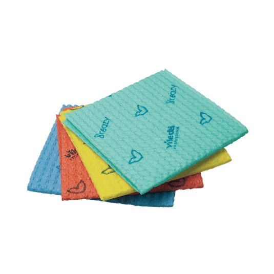 A set of four Vileda Breazy quick-clean wipes from Vileda GmbH in blue, yellow, red, and green. Each wipe has a textured surface featuring heart motifs and text, which ensure exceptional cleaning performance.