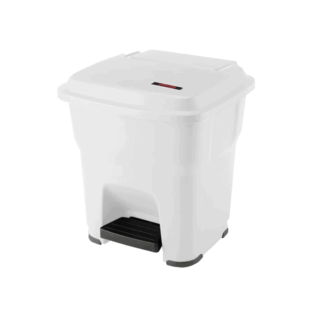 The Vileda Professional Hera waste bin with pedal white by Vileda GmbH is a white, rectangular pedal bin with a black foot pedal and flip lid, equipped with an integrated trash bag holder for easy bag replacement.