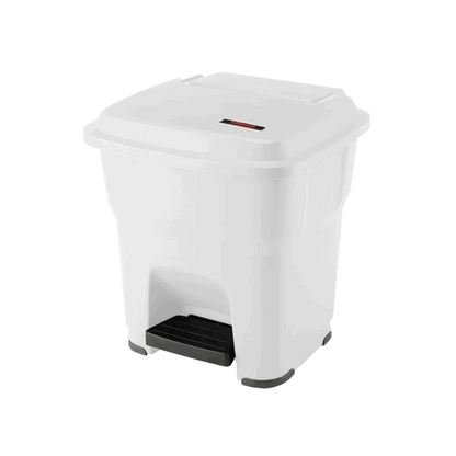 The Vileda Professional Hera waste bin with pedal white by Vileda GmbH is a white, rectangular pedal bin with a black foot pedal and flip lid, equipped with an integrated trash bag holder for easy bag replacement.