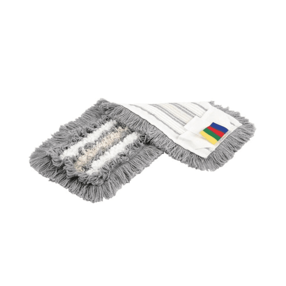 Pictured is a Vileda SprayPro Stainless Steel Floor Cleaning System set with gray, white, and beige fibers, perfect for professional cleaners. It features a multicolored label at one end and lies on a white background. It offers an efficient cleaning solution from Vileda GmbH.