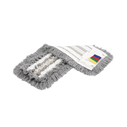 Pictured is a Vileda SprayPro Stainless Steel Floor Cleaning System set with gray, white, and beige fibers, perfect for professional cleaners. It features a multicolored label at one end and lies on a white background. It offers an efficient cleaning solution from Vileda GmbH.