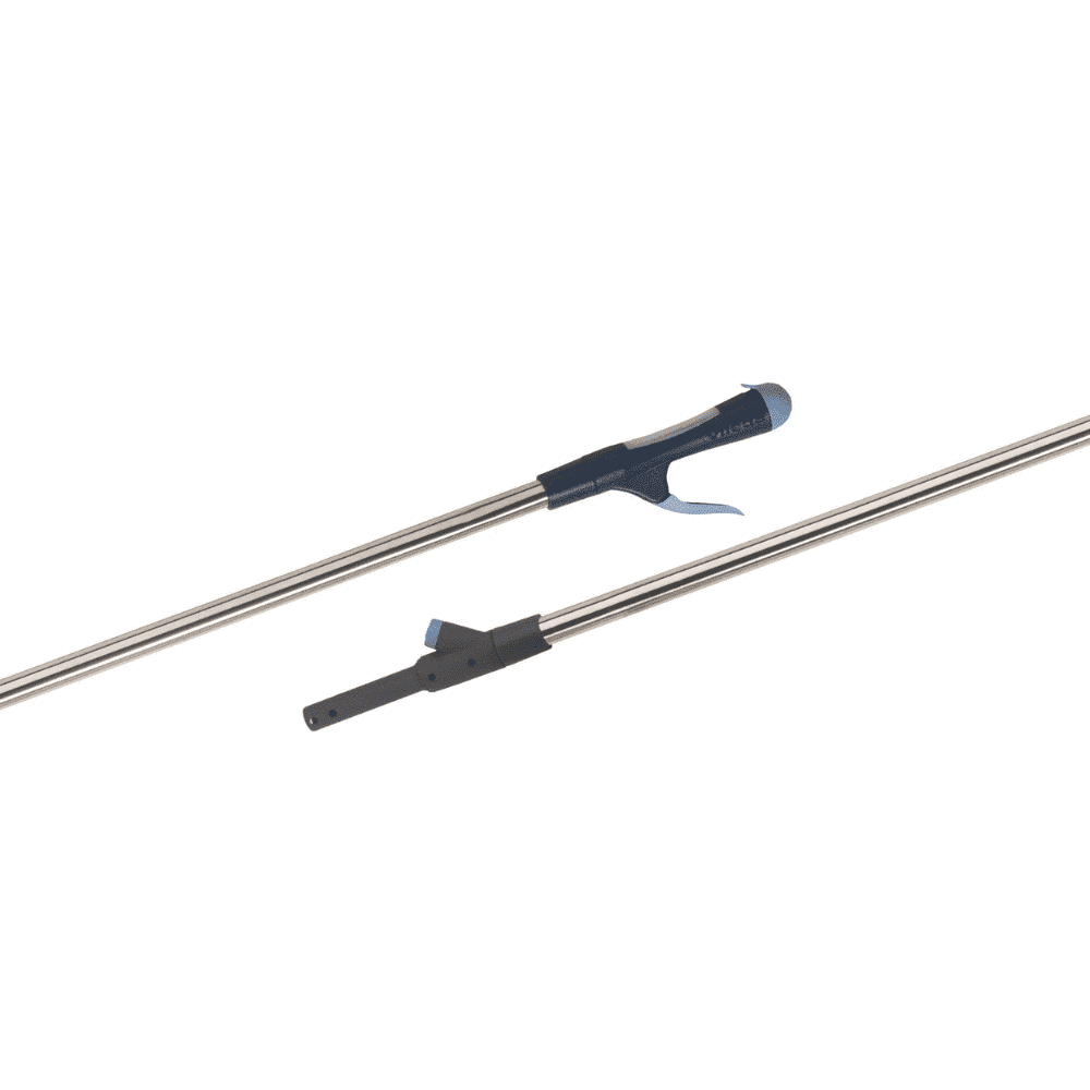 The Vileda SprayPro Stainless Steel Floor Cleaning System set by Vileda GmbH consists of two metal rods with ergonomic handles – one equipped with a blue clip and the other with a black toggle. This extendable cleaning system is perfect for professional cleaners seeking efficient solutions.