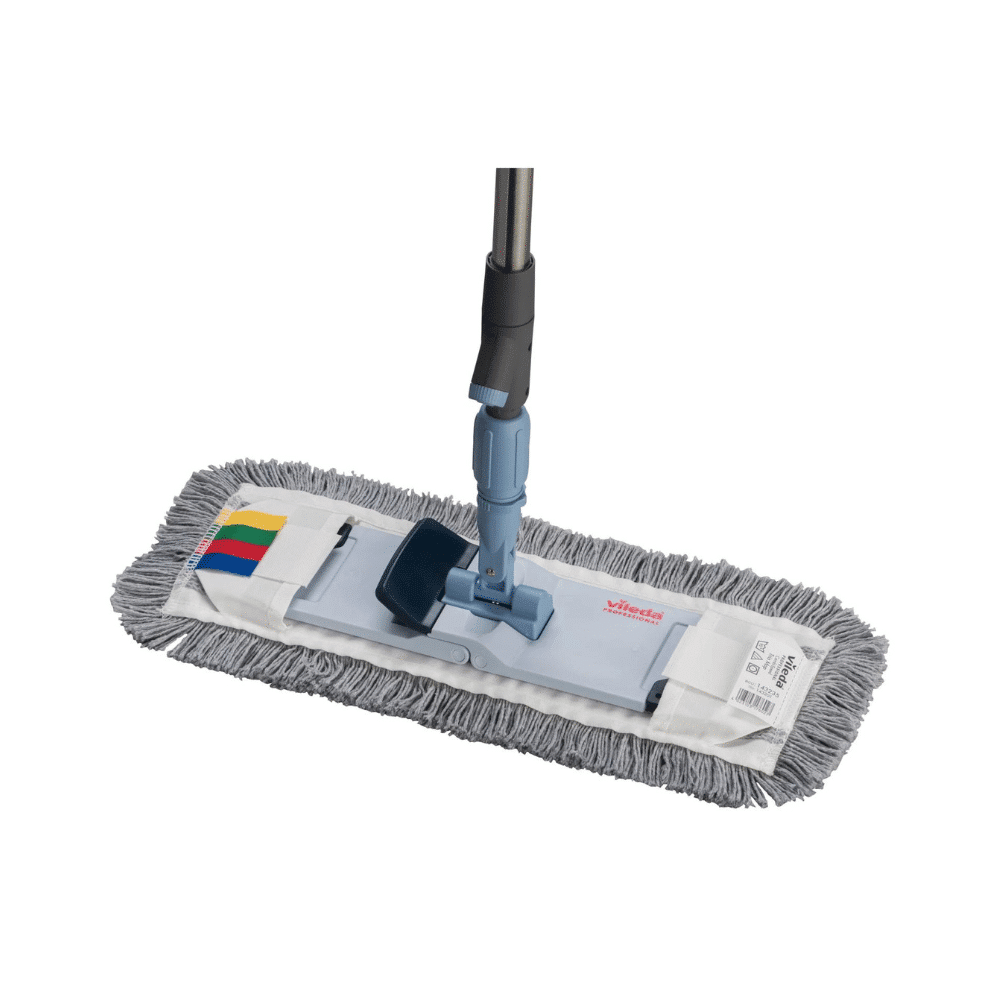 The Vileda SprayPro Stainless Steel Floor Cleaning System set by Vileda GmbH features a long handle and a rectangular, gray microfiber pad with fringes, making it perfect for professional cleaners. The pad is equipped with colored labels, while the handle has a secure blue attachment that ensures optimal cleaning results.