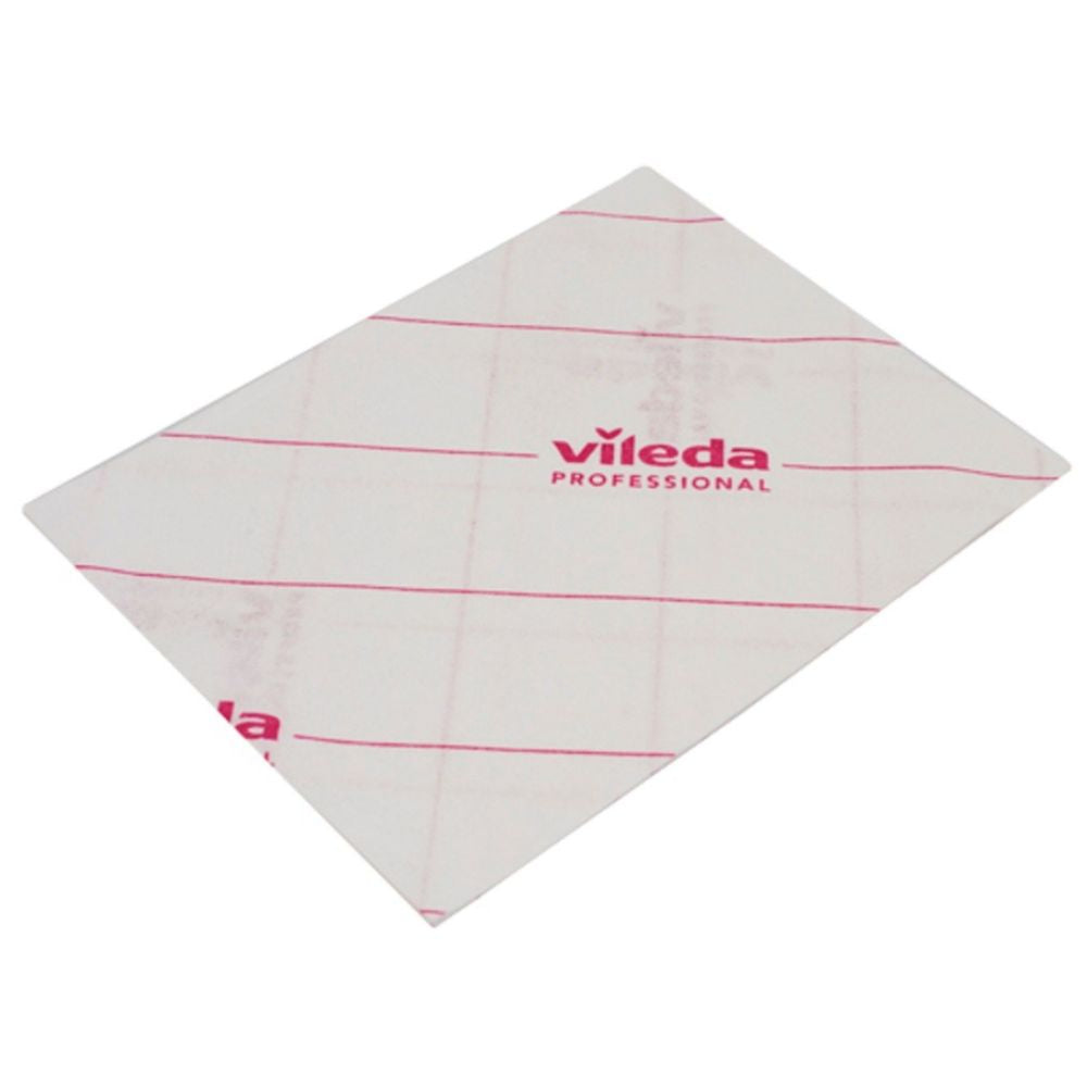 Tá éadach microfiber Vileda Professional MicroOne bán le línte dearga agus cló dearg 'Vileda Professional' ag tairiscint torthaí glantacháin den scoth agus ag comhlíonadh caighdeáin dhian sláinteachais. Tá an éadach dronuilleogach le toisí 34 x 27 cm curtha i láthair cothrom ar chúlra soladach datha.