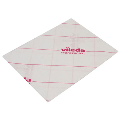 Tá éadach microfiber Vileda Professional MicroOne bán le línte dearga agus cló dearg 'Vileda Professional' ag tairiscint torthaí glantacháin den scoth agus ag comhlíonadh caighdeáin dhian sláinteachais. Tá an éadach dronuilleogach le toisí 34 x 27 cm curtha i láthair cothrom ar chúlra soladach datha.
