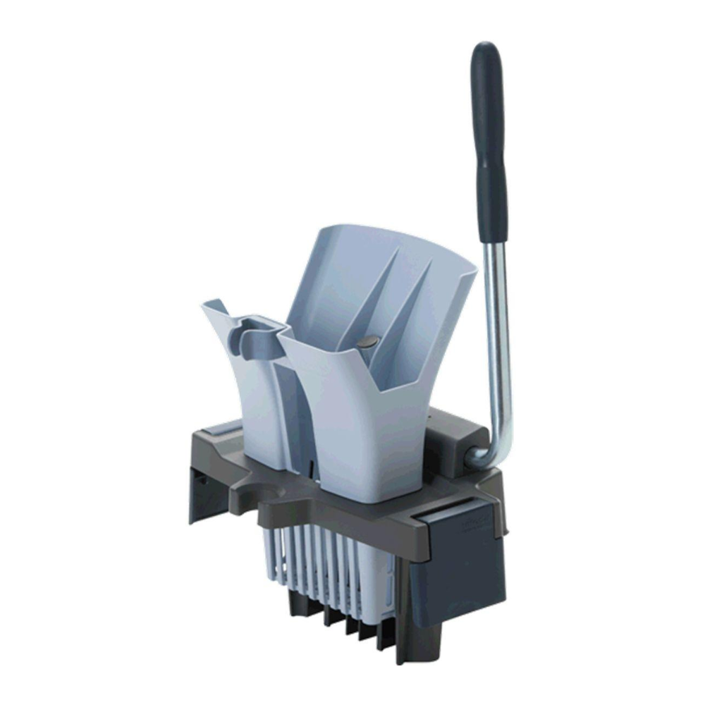 A gray-black mop bucket with Vileda Professional US Pro Press with wringing system press and metal handle. The open press is positioned upright. The rectangular base of the bucket manufactured by Vileda GmbH features wheels for easy mobility, making it ideal for commercial cleaning.