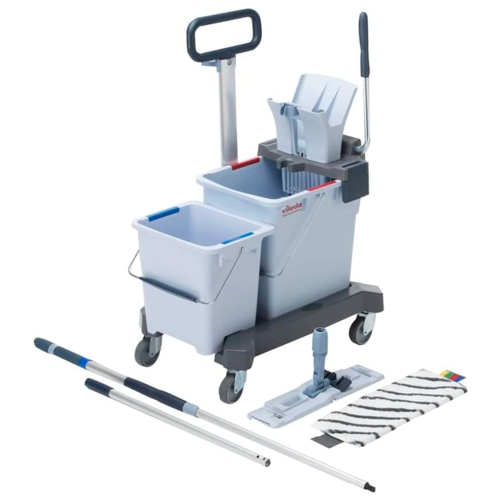 The Vileda Professional UltraSpeed Pro Double Bucket Ready-to-Go Set from Vileda GmbH includes a cleaning cart with two compartments, handle and wheels, including a mop bucket with wringer, two separate buckets, an UltraSpeed Pro handle, a flat mop head, and MicroPlus mop pads for superior cleaning performance.