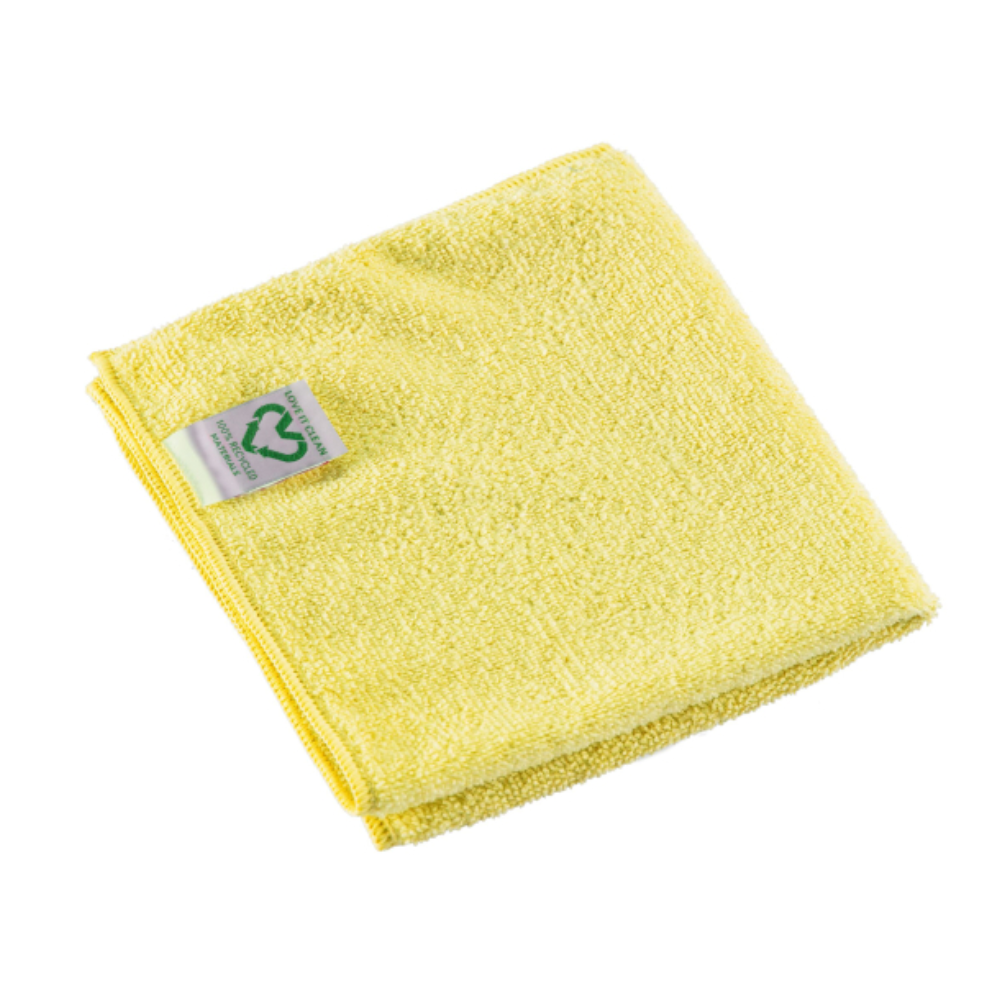 A yellow Vileda Professional r-MicroTuff Swift microfiber cloth made from recycled materials and with a small label with a green logo and text is delivered folded.