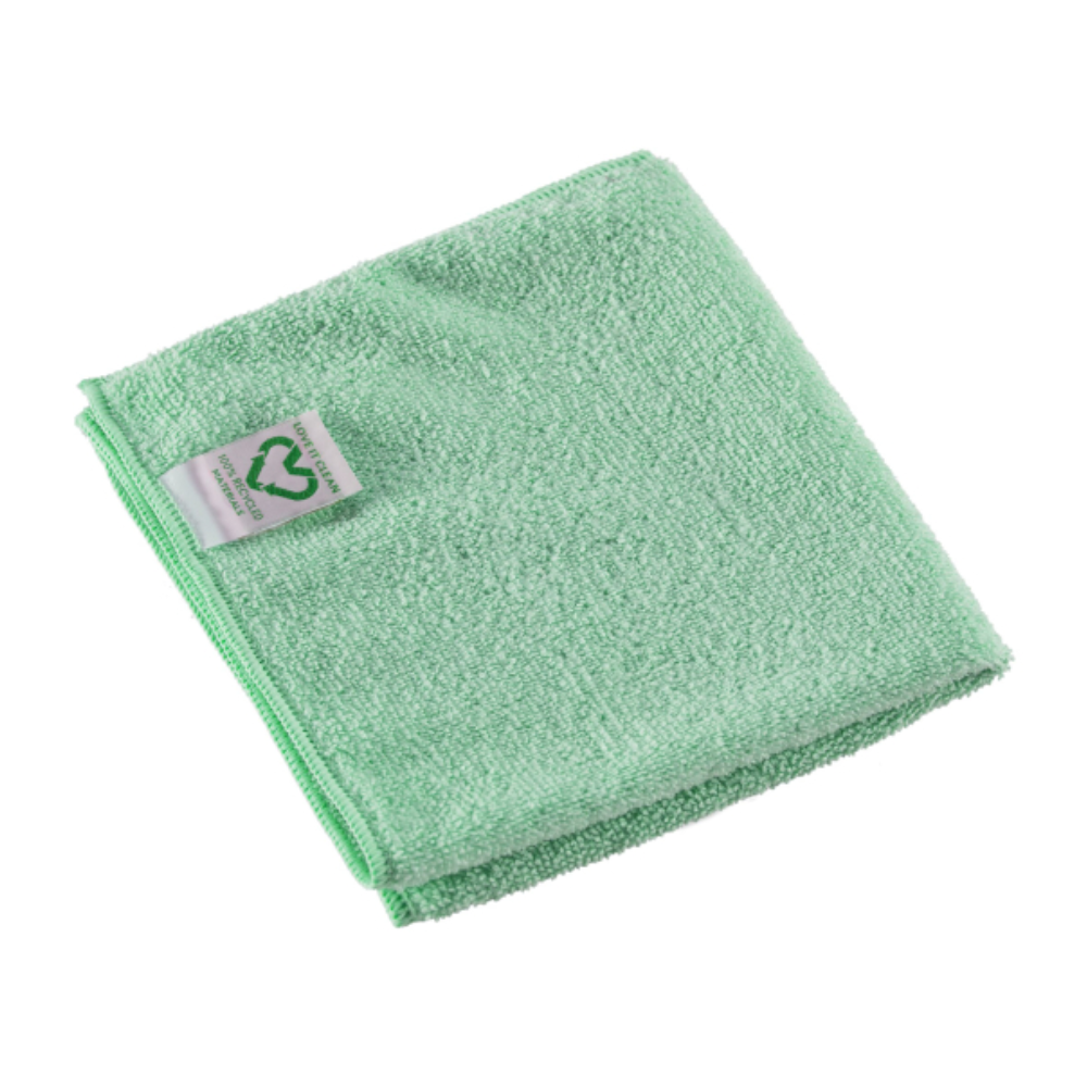 A folded light green Vileda Professional r-MicroTuff Swift microfiber cloth from Vileda GmbH features a small label with a recycling symbol on the edge. The textured cloth lies flat on a white background, highlighting its eco-friendly nature.