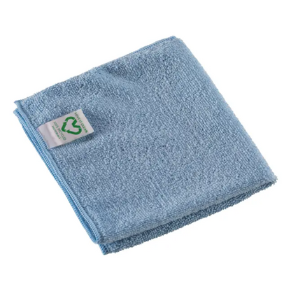 A folded blue Vileda Professional r-MicroTuff Swift microfiber cloth from Vileda GmbH is marked with a small white label with a green recycling symbol. This cloth meets HACCP standards and features a textured surface for optimal use. Available in a pack of 5 cloths.