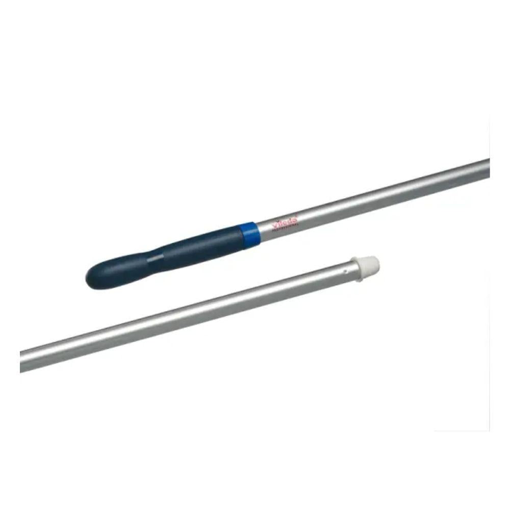 The image shows two Vileda aluminum broomstick clip rods against a white background: one with a black handle and blue grip for ergonomic hold, the other with a white tip. These aluminum components are presumably parts of the Vileda cleaning tool.