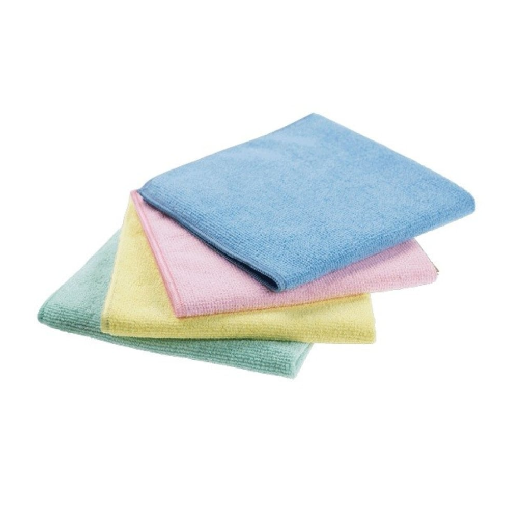 Four folded square Vileda Professional MicroTuff Swift microfiber cloths in blue, pink, yellow, and green are stacked on top of each other. The soft cloths from Vileda GmbH promise excellent cleaning performance and are seen against a simple white background.