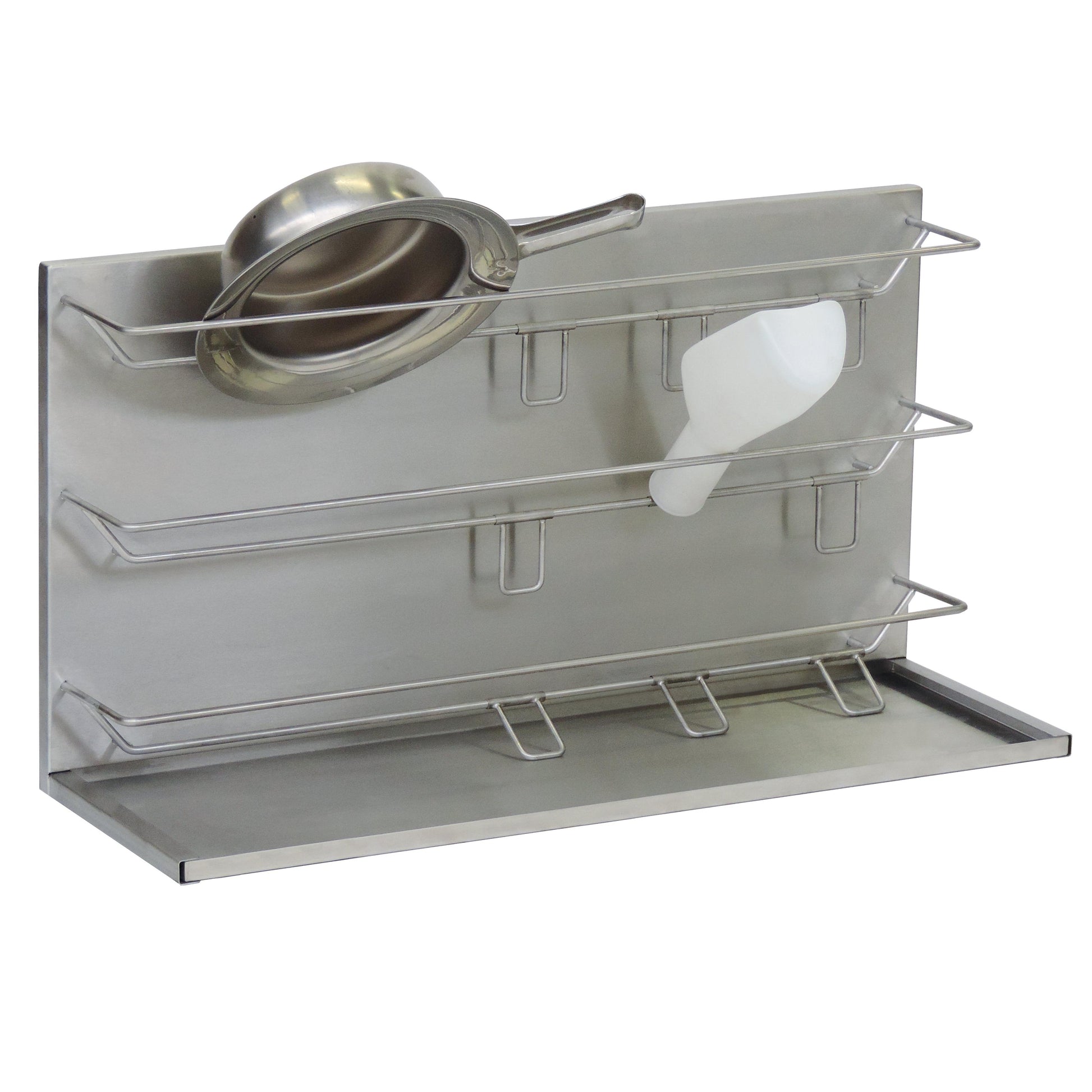 Das Novocal Wandregal aus Edelstahl (ca. 950 mm, 1 Stück) bietet idealen Stauraum für Steckbecken und Urinflaschen dank drei horizontalen Stangen und einer Ablage unten.